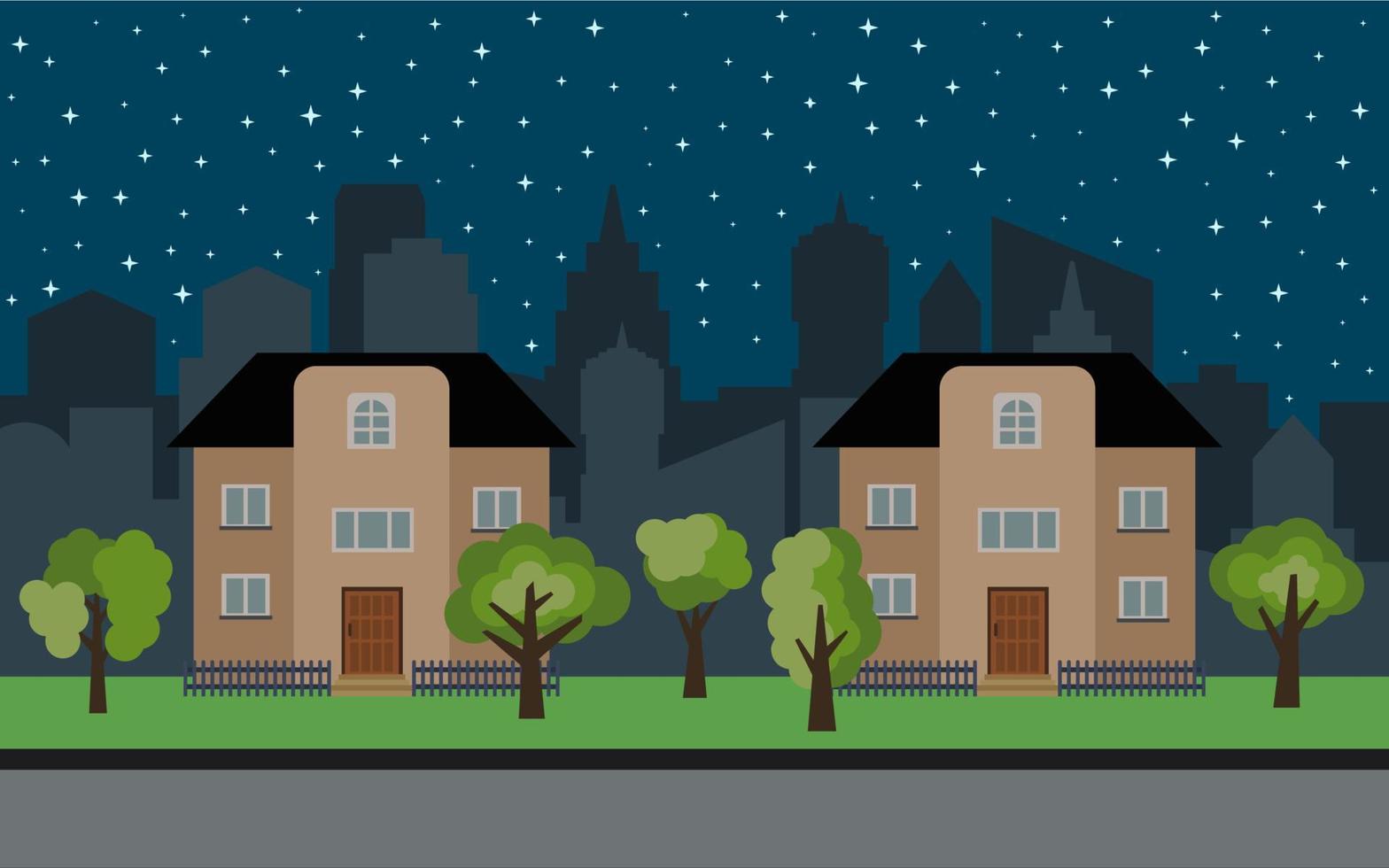 Vector city with two two-story cartoon houses and green trees at night. Summer urban landscape. Street view with cityscape on a background