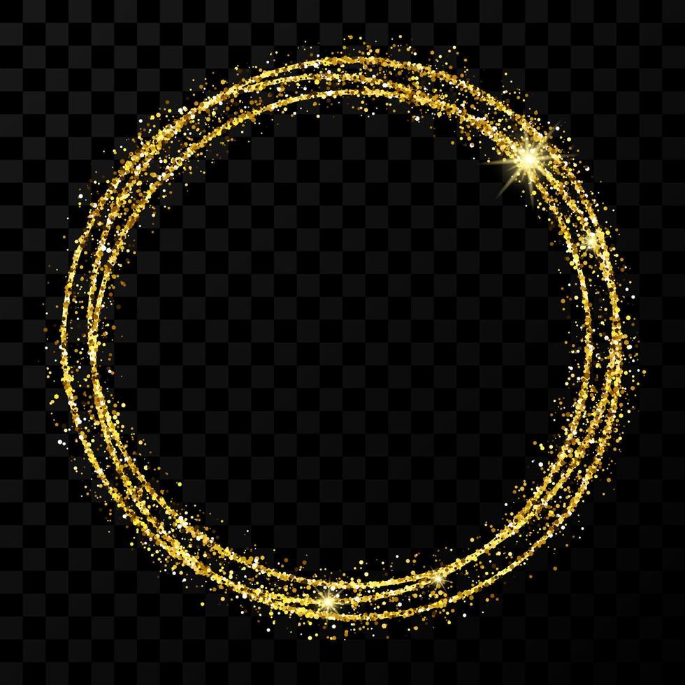 Gold circle frame. Modern shiny frame with light effects isolated on dark transparent background. Vector illustration.