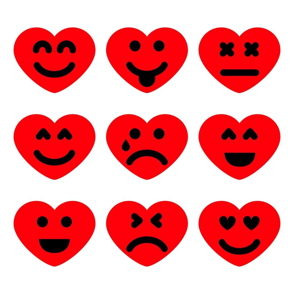 Set of nine cartoon hearts with emotions. Emoji icon in Love symbols. Vector illustration