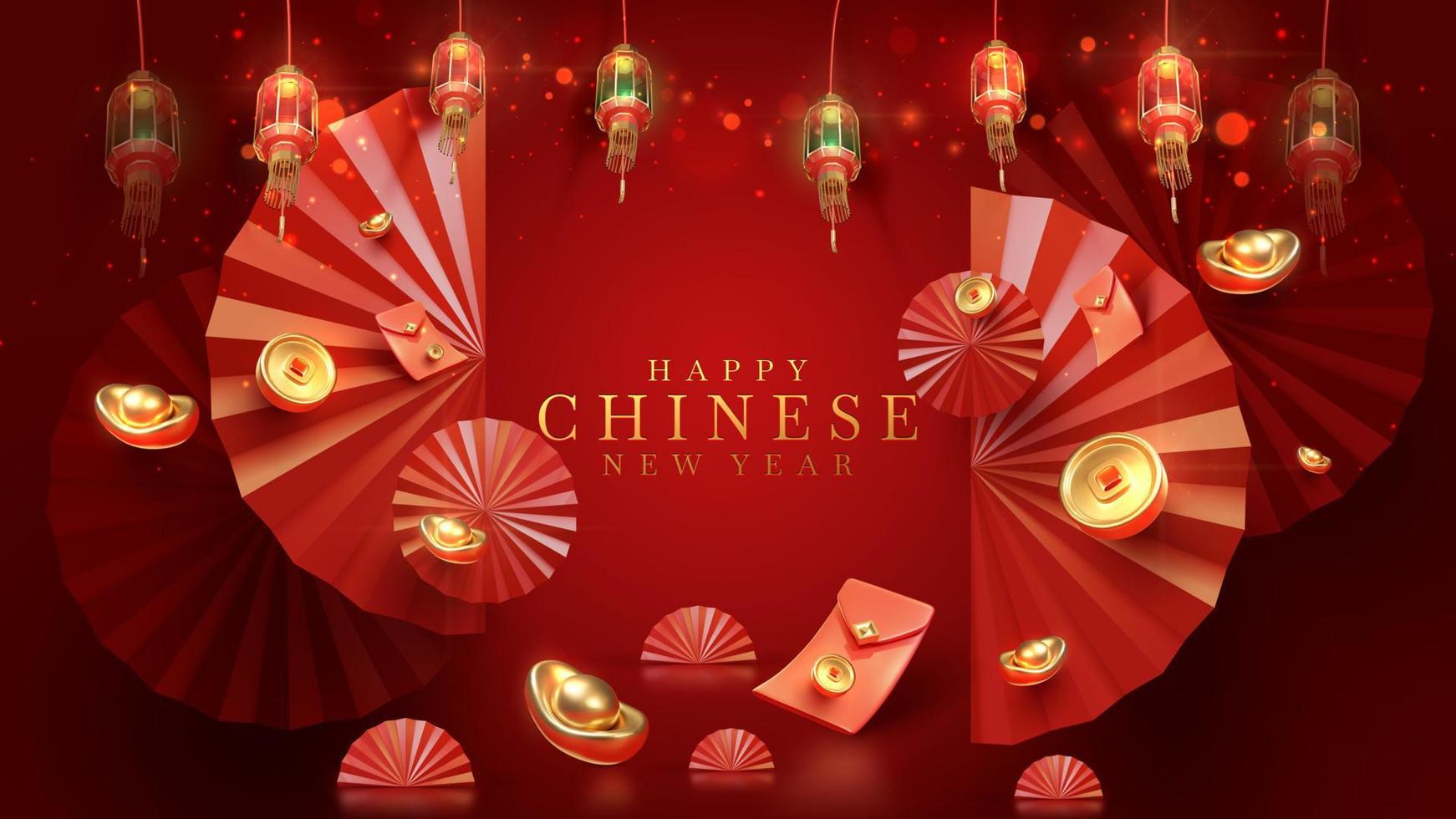 3d realistic chinese new year ornaments with light effect decorations and bokeh on red background. vector
