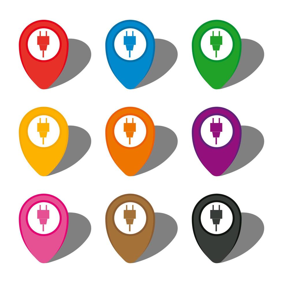 Set of nine colorful map pointers with plug sign in white circle and with shadow. Vector illustration