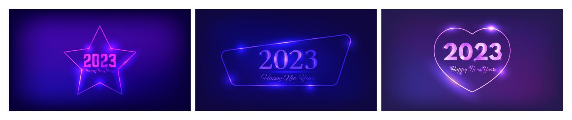 2023 Happy New Year neon background. Set of three neon backdrops with different geometric frames with shining effects and inscription Happy New Year. Dark background for Christmas vector