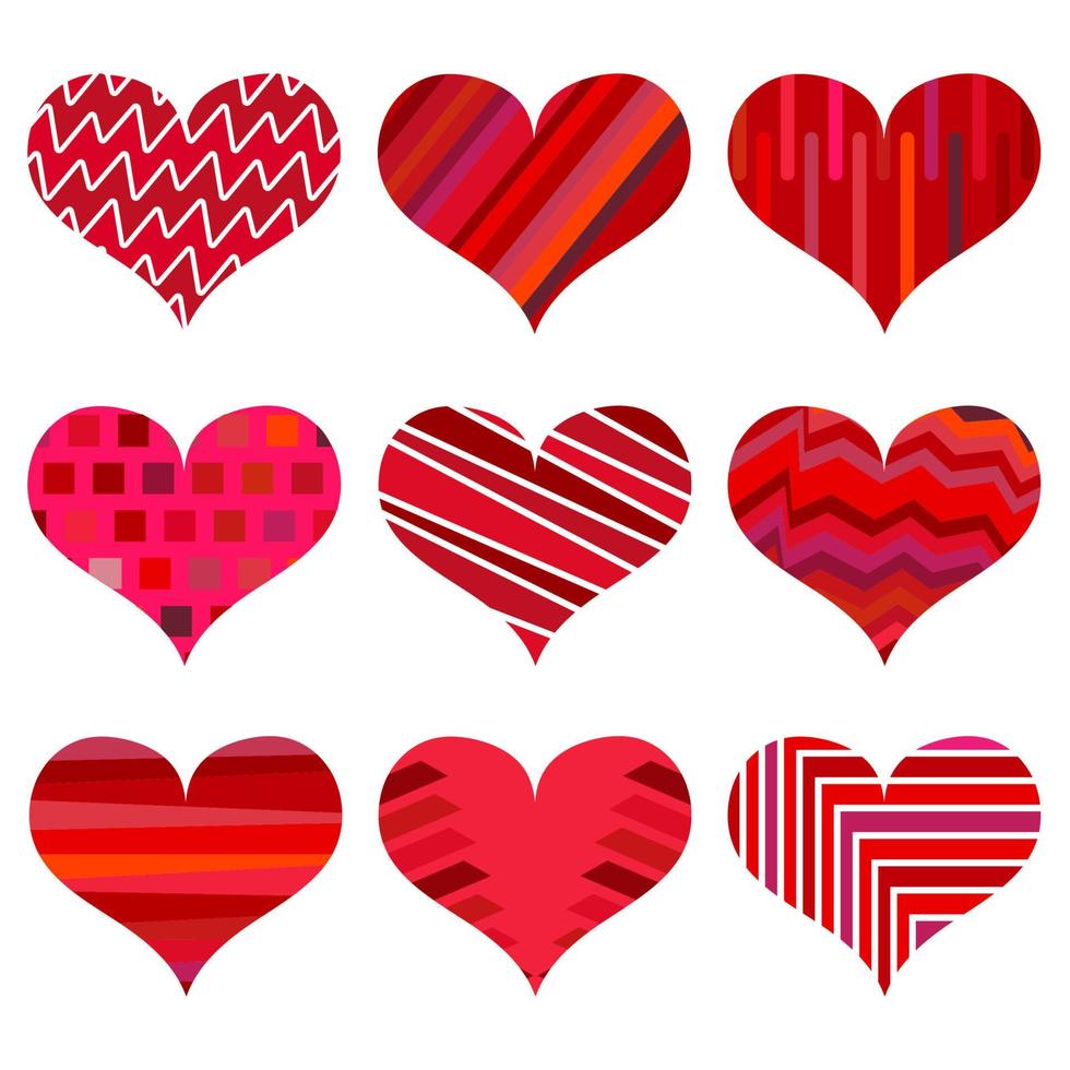 Set of different red hearts. Nine hearts isolated on a white background. Symbol of love. Elements for wedding template. vector