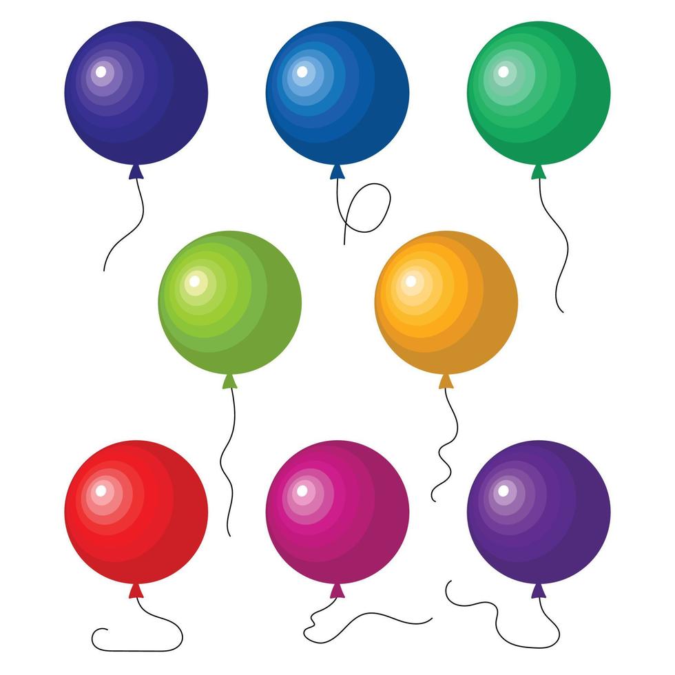 Set of eight colorful balloons with a string isolated on white background. Vector illustration
