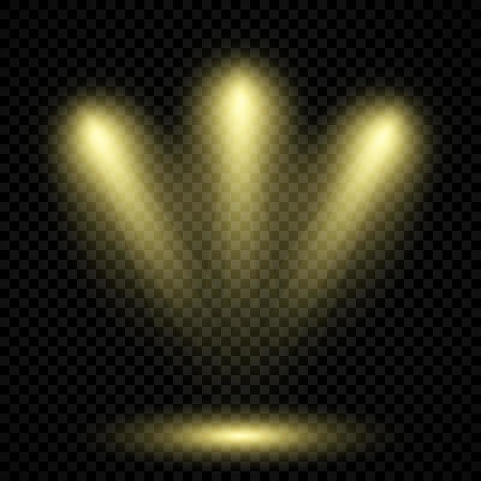 Cold yellow lighting with three spotlights. Scene illumination effects on a dark transparent background. Vector illustration