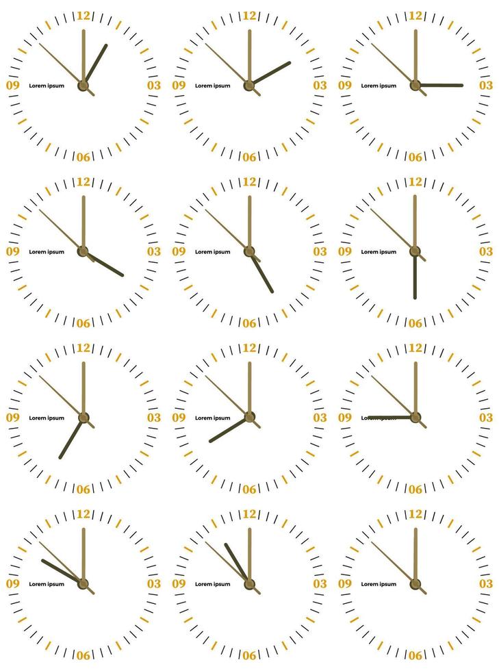 A set of mechanical clocks with an image of each of the twelve hours. Clock face on white background. vector