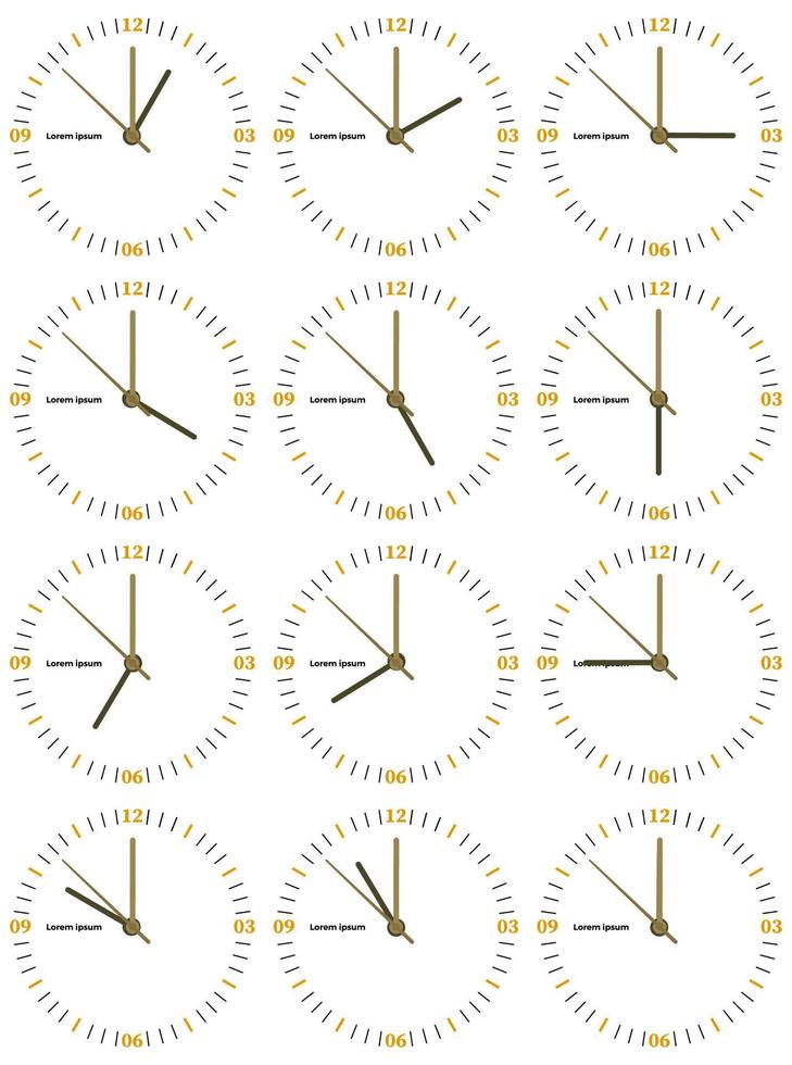 un conjunto de relojes mecánicos con una imagen de cada una de las doce horas. cara de reloj sobre fondo blanco. vector