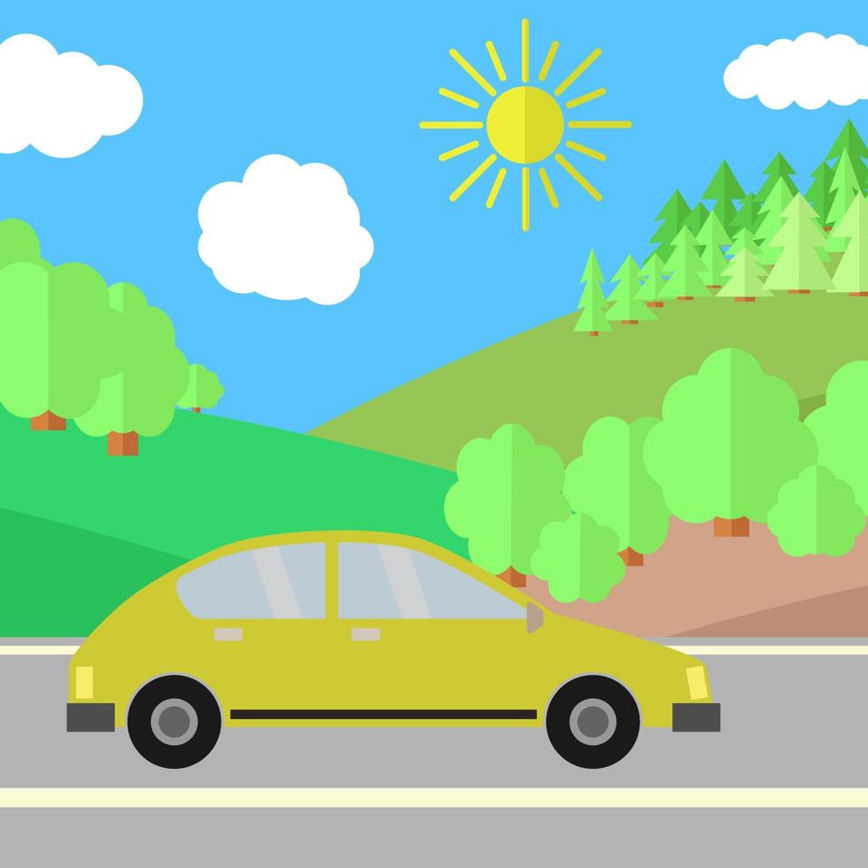 coche amarillo en una carretera en un día soleado. ilustración de viajes de verano. coche sobre el paisaje. vector