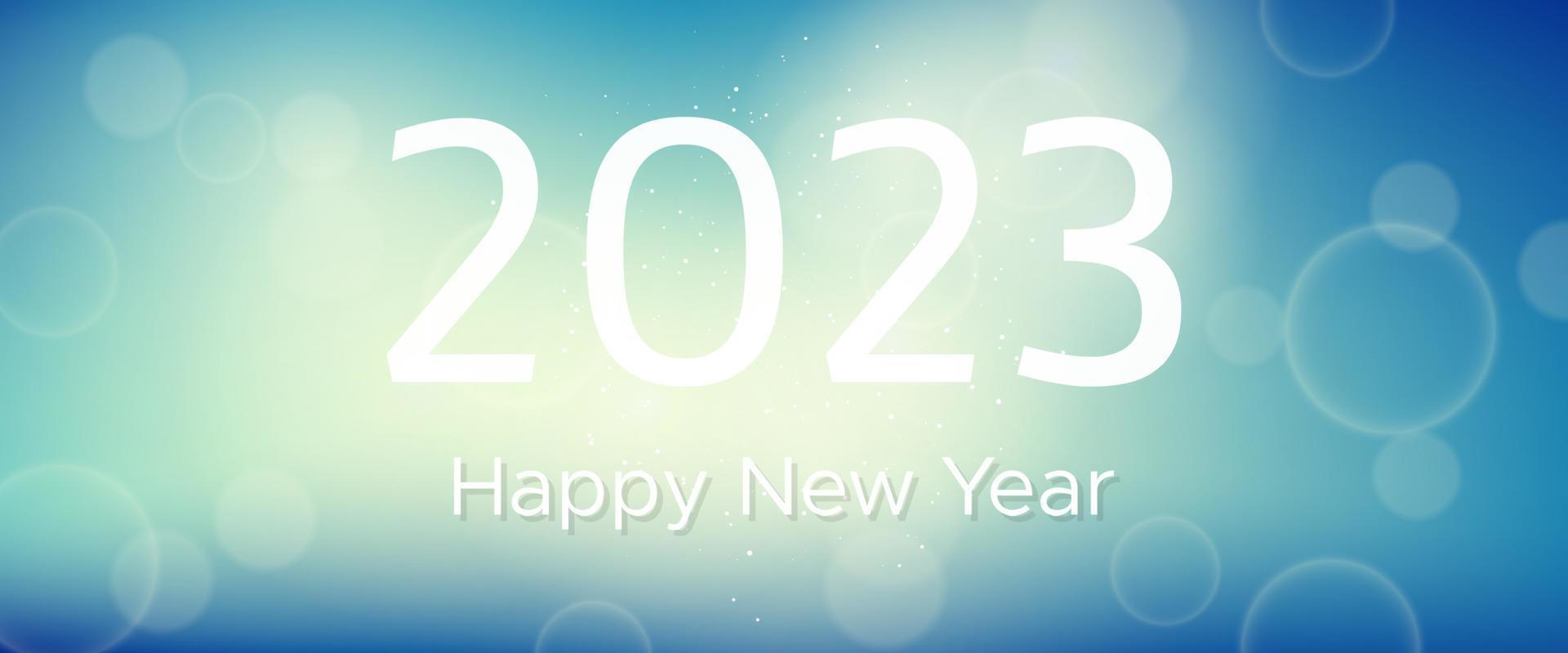 inscripción de feliz año nuevo 2023 sobre fondo borroso. números blancos sobre fondo con confeti, bokeh y destello de lente. ilustración vectorial vector