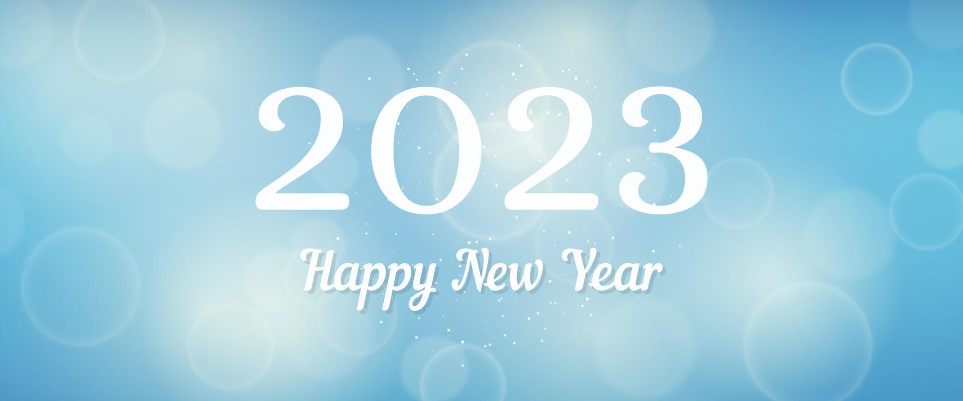 Happy new year 2023 incription on blurred background. White numbers on backdrop with confetti, bokeh and lens flare. Vector illustration