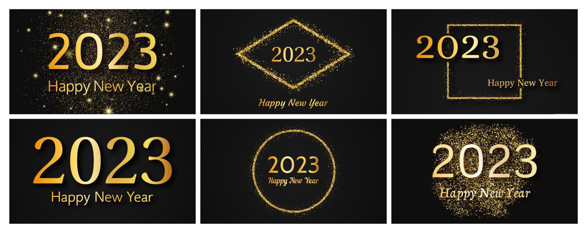 2023 Happy New Year gold background. Set of abstract gold backdrops with a inscription Happy New Year on dark for Christmas holiday greeting card, flyers or posters. Vector illustration