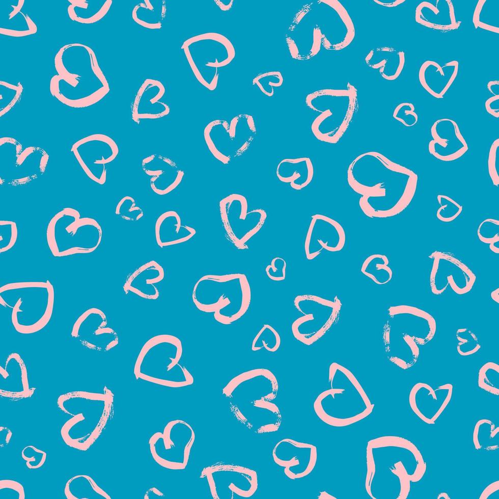 Seamless pattern with hand drawn hearts. Doodle grunge pink hearts on blue background. Vector illustration.