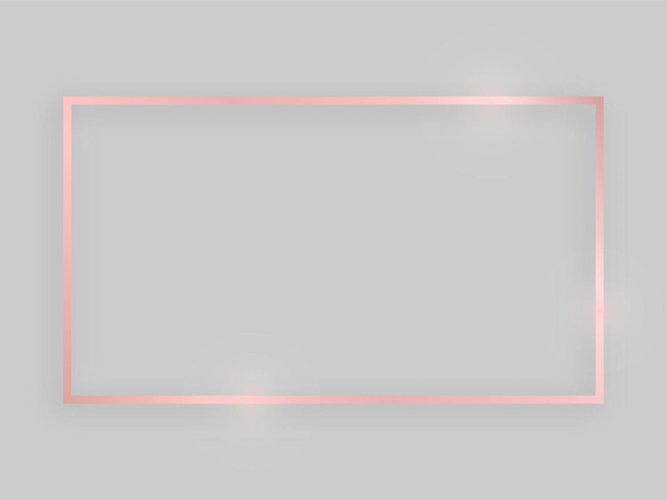 Shiny frame with glowing effects. Rose gold rectangular frame with shadow on grey background. Vector illustration