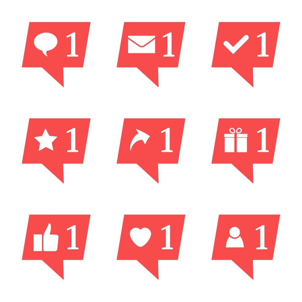 Set of nine notifications in social media. Heart, star, follower, message, check, gift, comment, like, repost. Vector illustration.