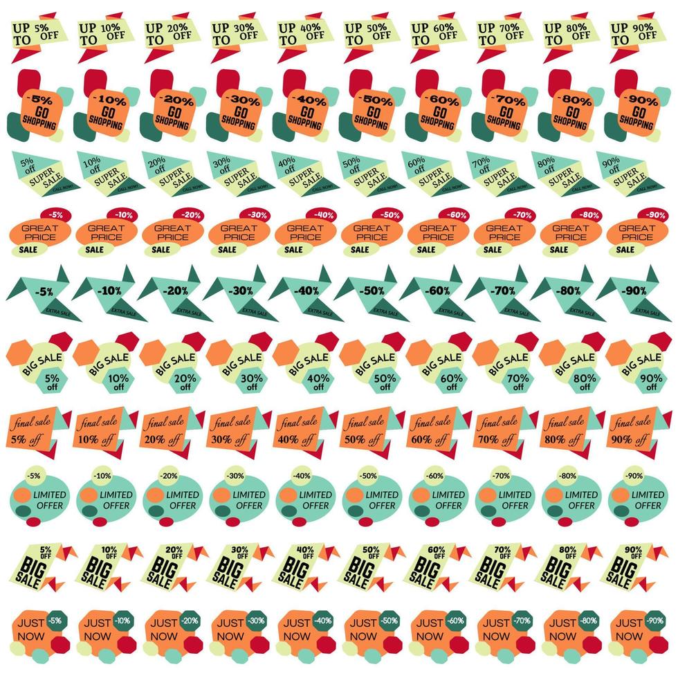Set of Sale Discount Labels, Tags, Emblems. Web collection of stickers and badges for sale. Isolated vector illustration.