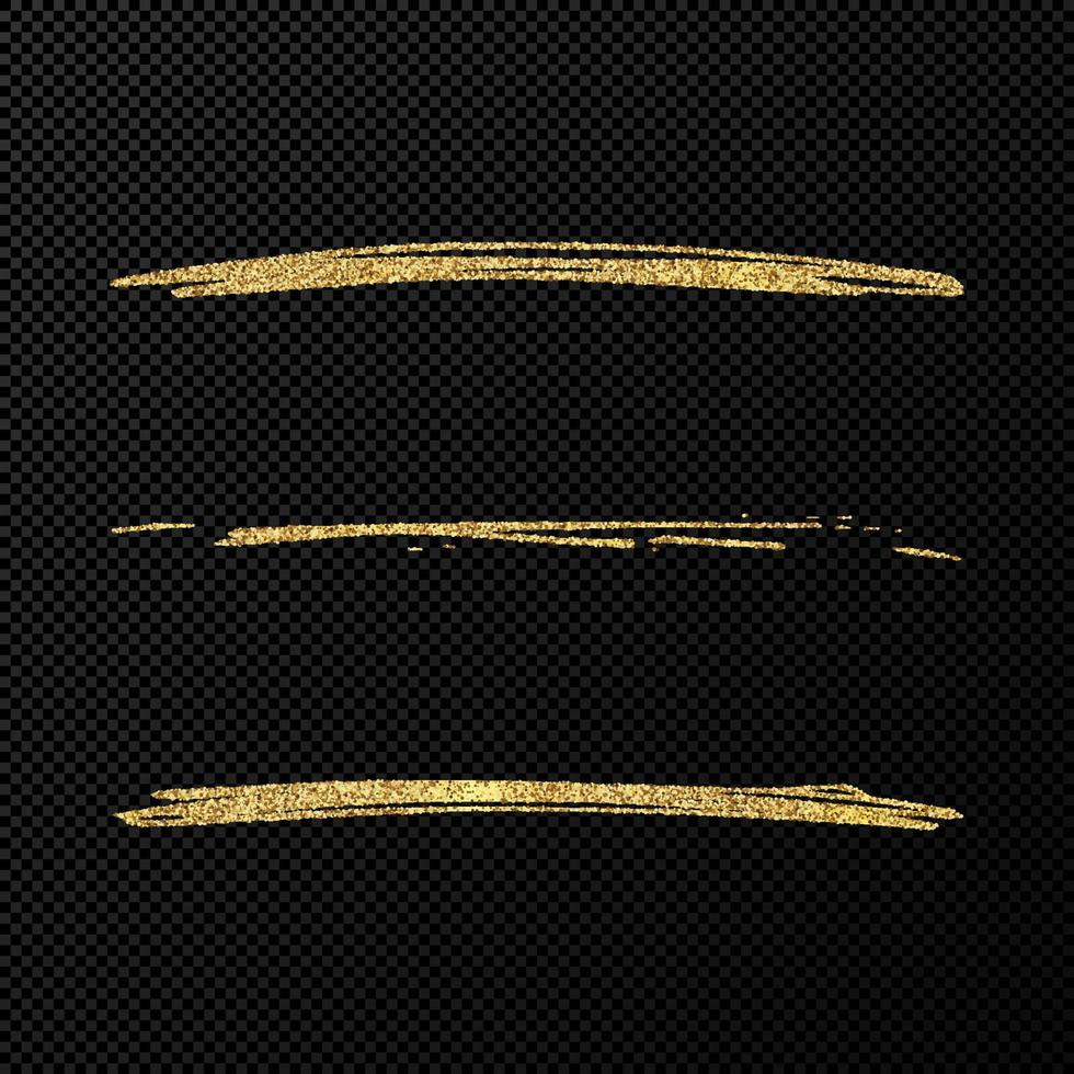 Abstract shiny confetti glittering waves. Set of three hand drawn brush golden strokes on black transparent background. Vector illustration