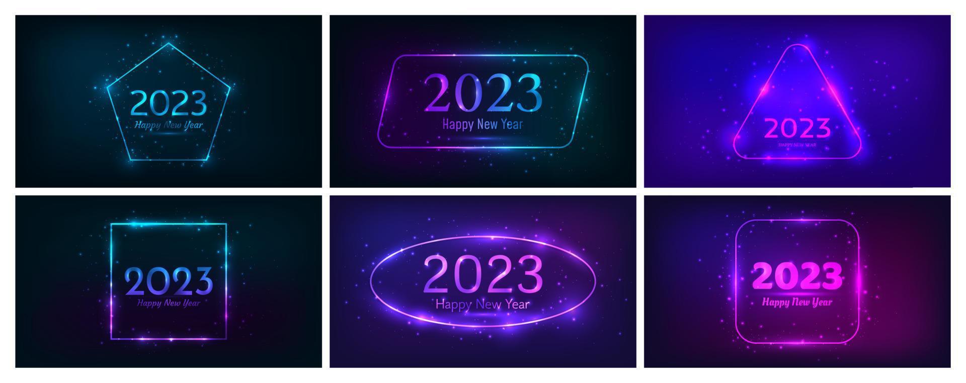 2023 Happy New Year neon background. Set of neon backdrops with circle frames with shining effects and sparkles and inscription Happy New Year. Dark background for Christmas holiday vector