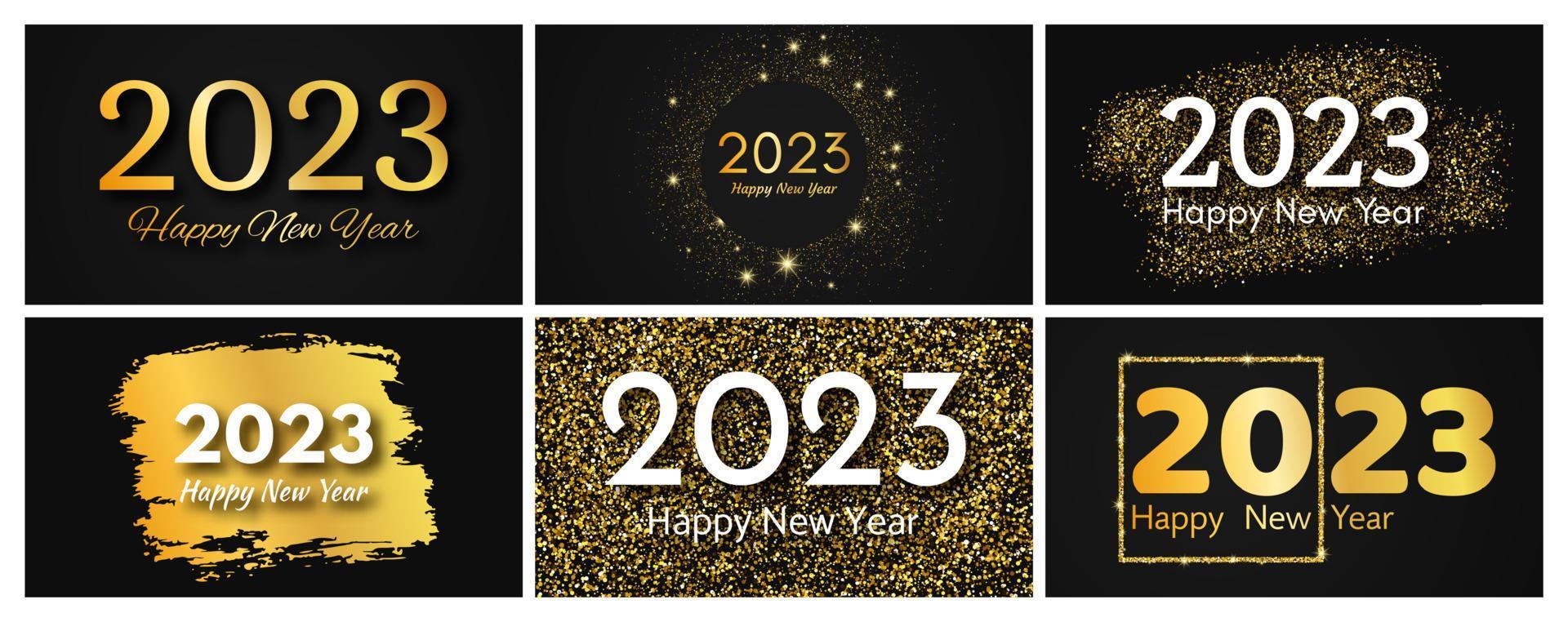 2023 Happy New Year gold background. Set of abstract gold backdrops with a inscription Happy New Year on dark for Christmas holiday greeting card, flyers or posters. Vector illustration