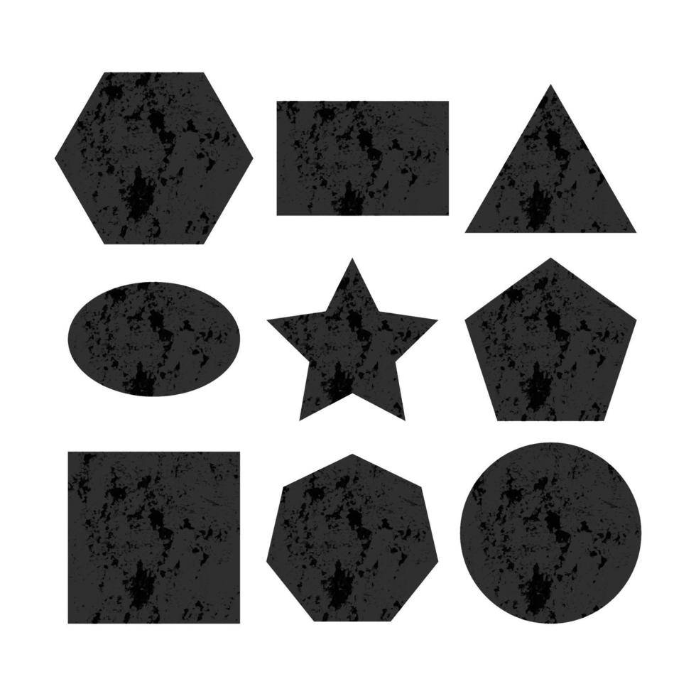 figuras geométricas rayadas. conjunto de nueve figuras oscuras con textura grunge angustiada aislado sobre fondo blanco. ilustración vectorial vector
