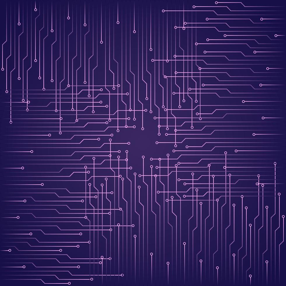 Abstract technological purple background with elements of the microchip. Circuit board background texture. Vector illustration.