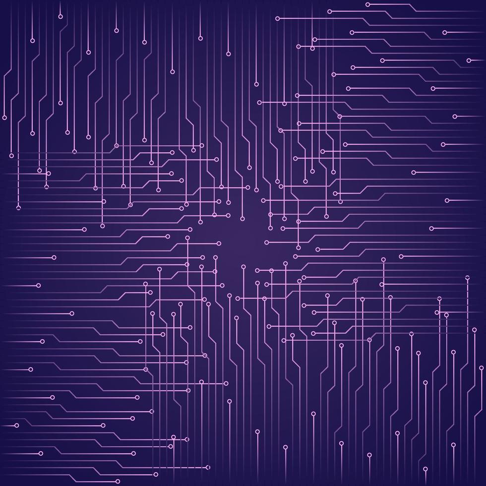 Abstract technological purple background with elements of the microchip. Circuit board background texture. Vector illustration.