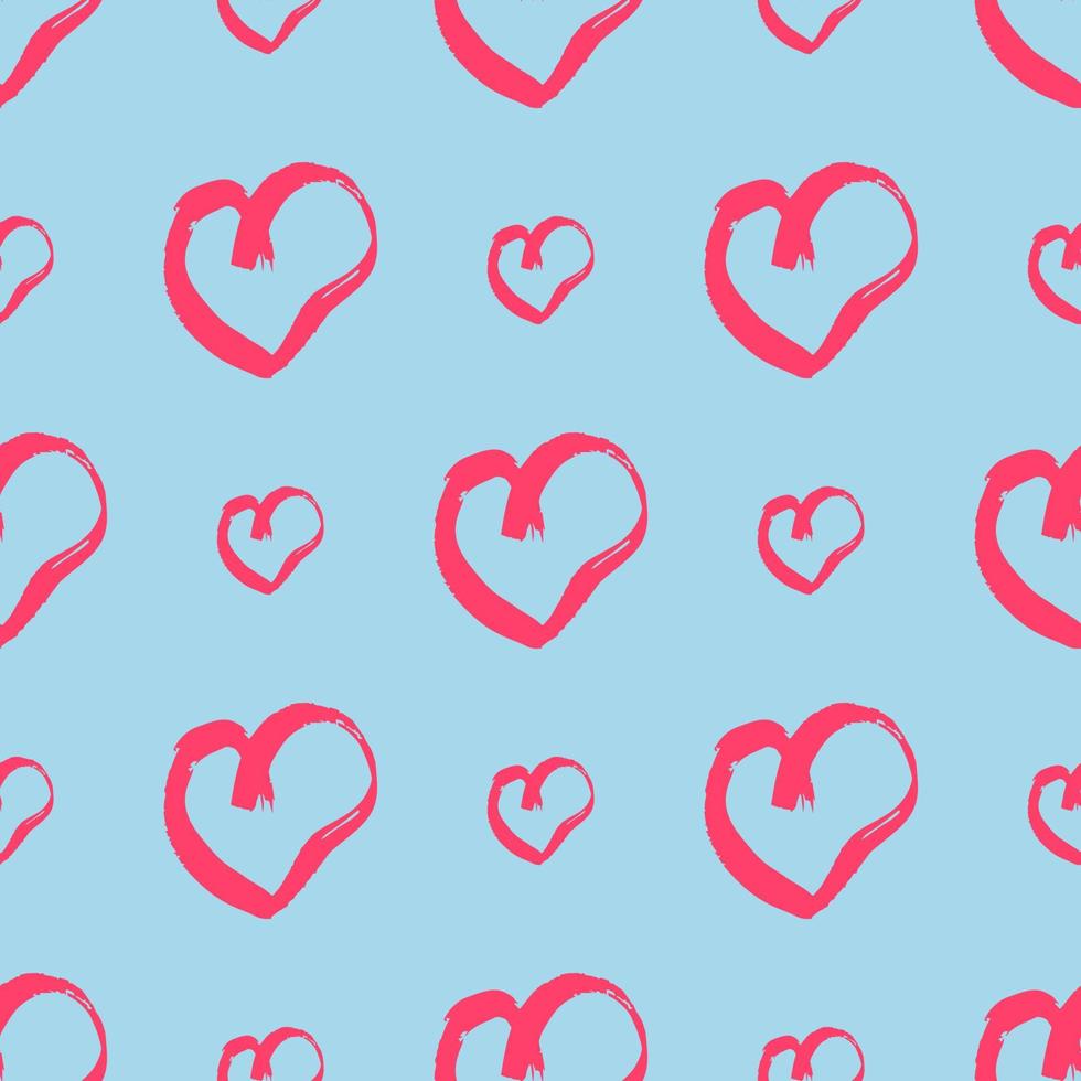 Seamless pattern with hand drawn hearts. Doodle grunge red hearts on blue background. Vector illustration.