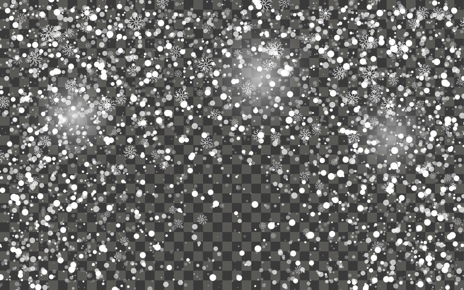 Snowfall and falling snowflakes on dark transparent background. White snowflakes and Christmas snow. Vector illustration
