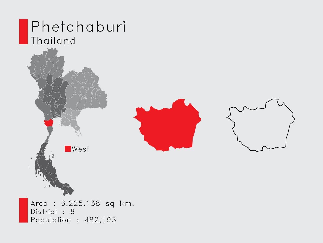 posición de phetchaburi en tailandia un conjunto de elementos infográficos para la provincia. y la población y el contorno del distrito del área. vectorial con fondo gris. vector