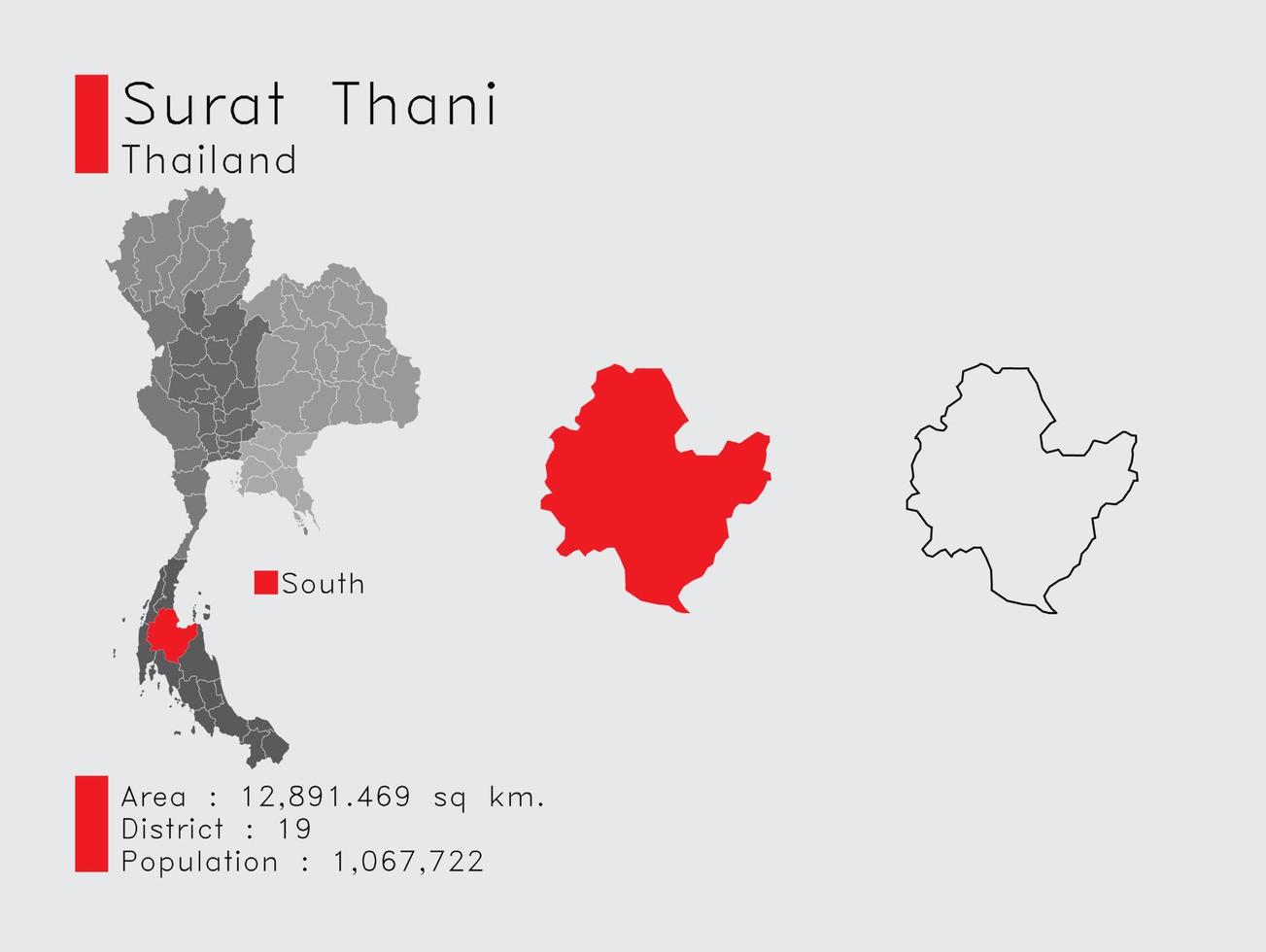 posición suratthani en tailandia un conjunto de elementos infográficos para la provincia. y la población y el contorno del distrito del área. vectorial con fondo gris. vector