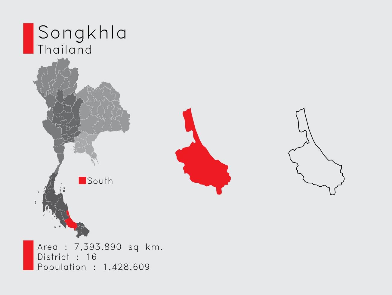 posición de songkhla en tailandia un conjunto de elementos infográficos para la provincia. y la población y el contorno del distrito del área. vectorial con fondo gris. vector