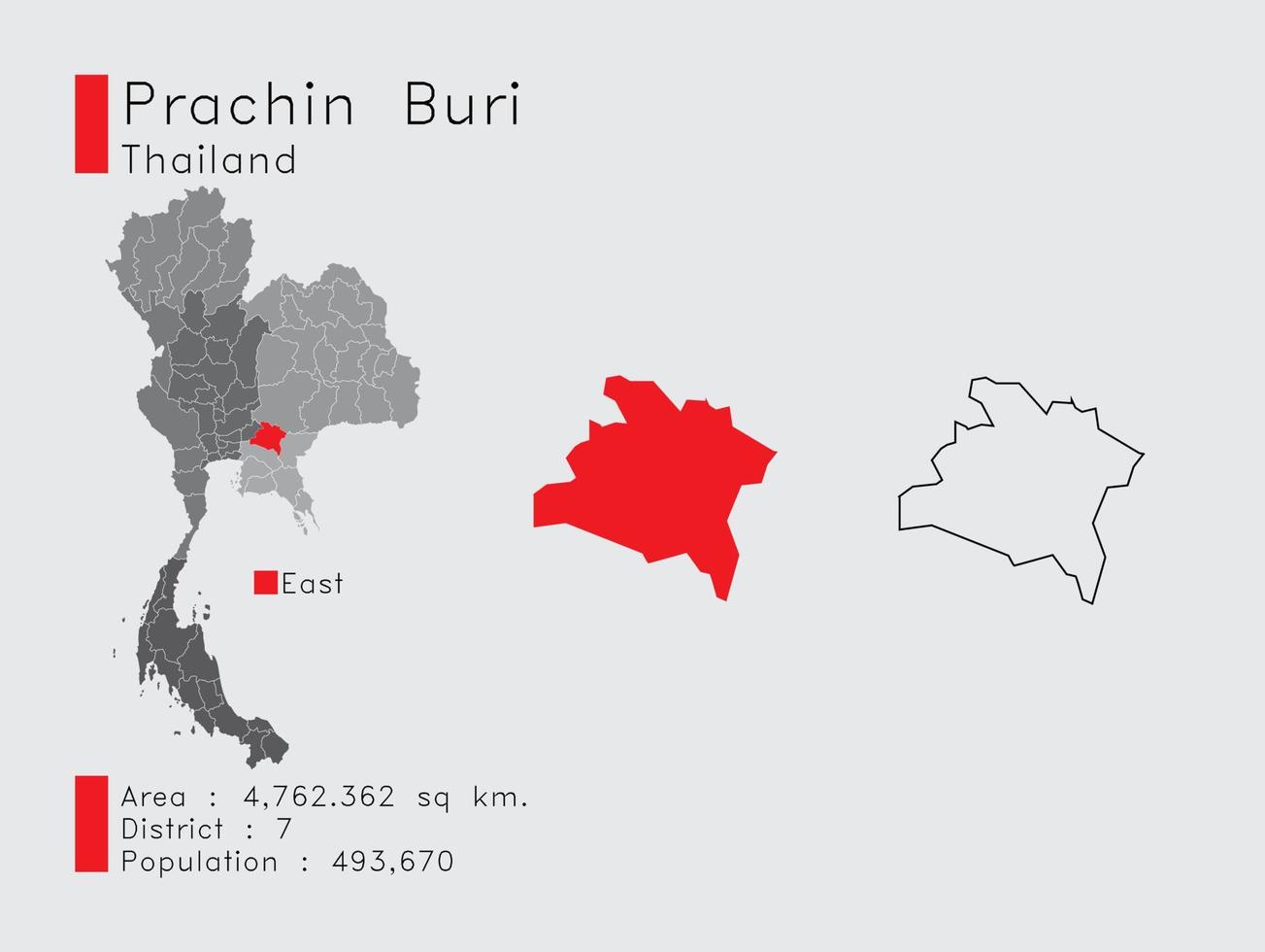 posición de prachin buri en tailandia un conjunto de elementos infográficos para la provincia. y la población y el contorno del distrito del área. vectorial con fondo gris. vector