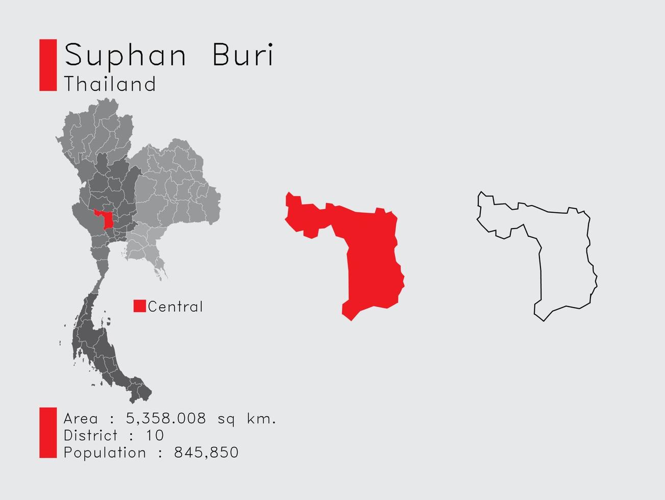 Suphan Buri Position in Thailand A Set of Infographic Elements for the Province. and Area District Population and Outline. Vector with Gray Background.