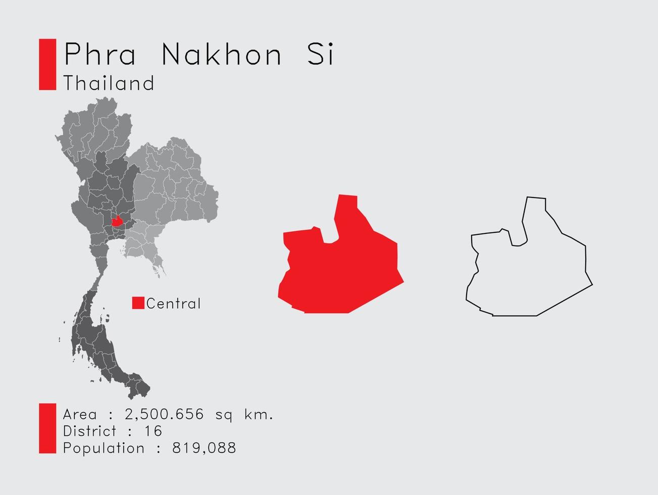 posición de phra nakhon si en tailandia un conjunto de elementos infográficos para la provincia. y la población y el contorno del distrito del área. vectorial con fondo gris. vector