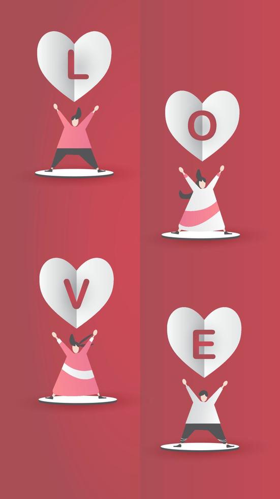 lindo amor papel arte día de san valentín. con un encantador corazón volador de niño y niña de San Valentín, corte de papel sobre fondo rojo, cielo blanco, nubes, vector de estilo origami. papel para tarjeta de San Valentín, regalo, afiche, postal.