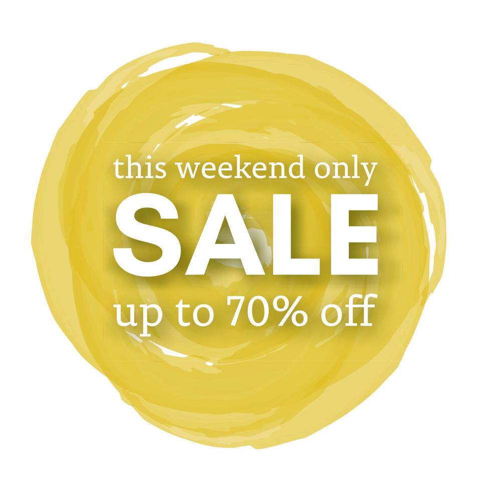 Sale this weekend only up to 70 off sign with shadow over red watercolor spot. Vector illustration.