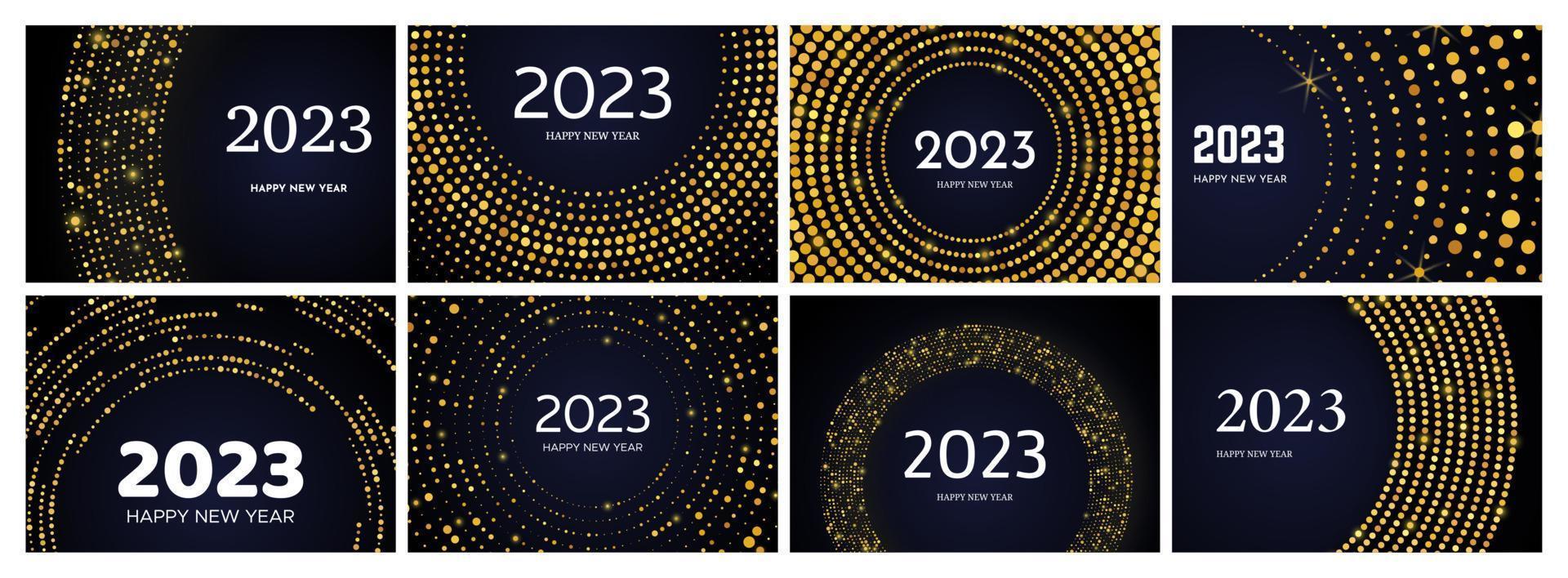 2023 Happy New Year of gold glitter pattern in circle form. Set of abstract gold glowing halftone dotted backgrounds for Christmas holiday greeting card on dark background. Vector illustration
