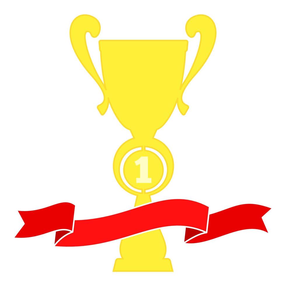 copa campeona en oro con cinta roja. premios de campeonato para el primer lugar. símbolos de victoria aislados sobre fondo blanco. vector