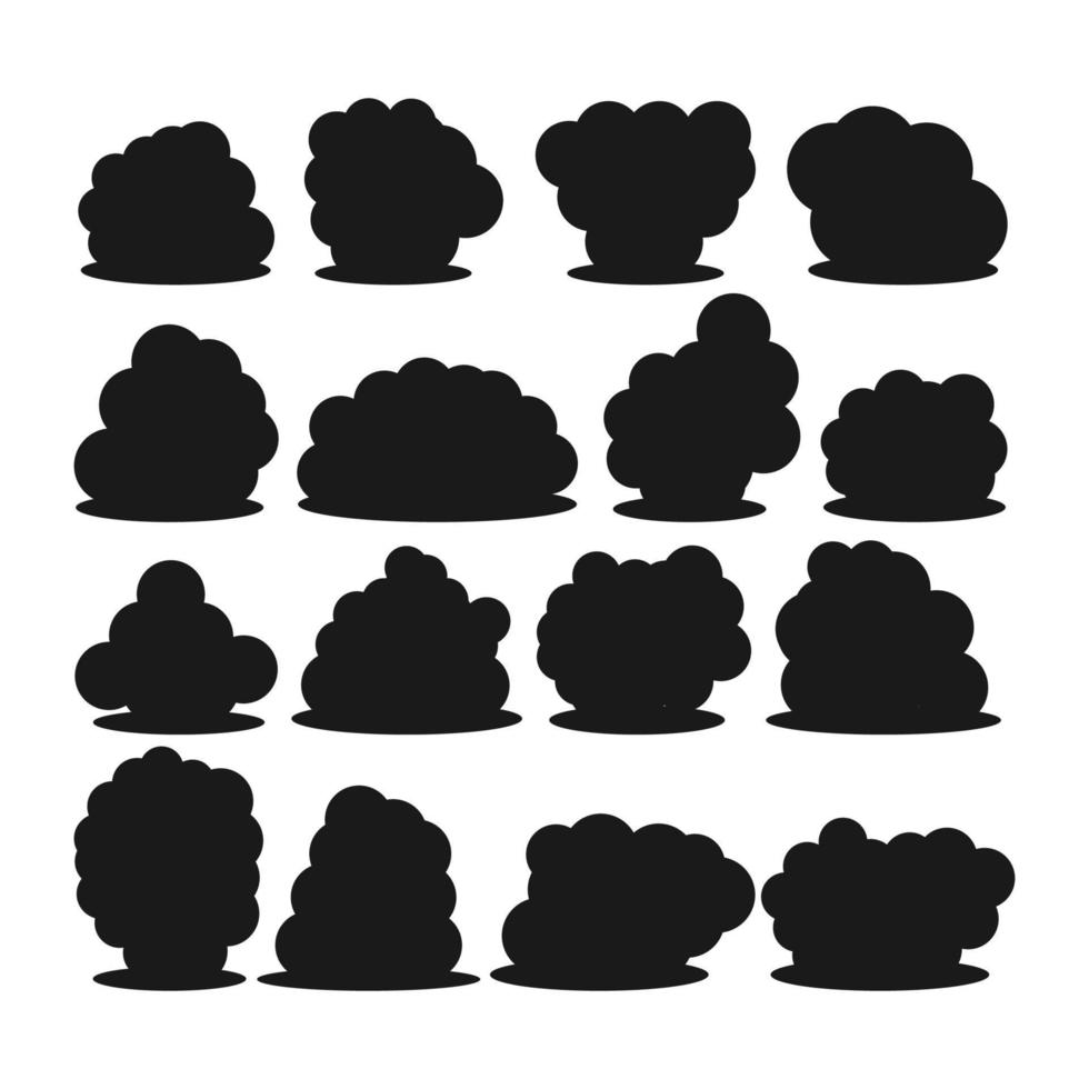 Set of sixteen different dark silhouettes of cartoon bushes isolated on white background. Vector illustration