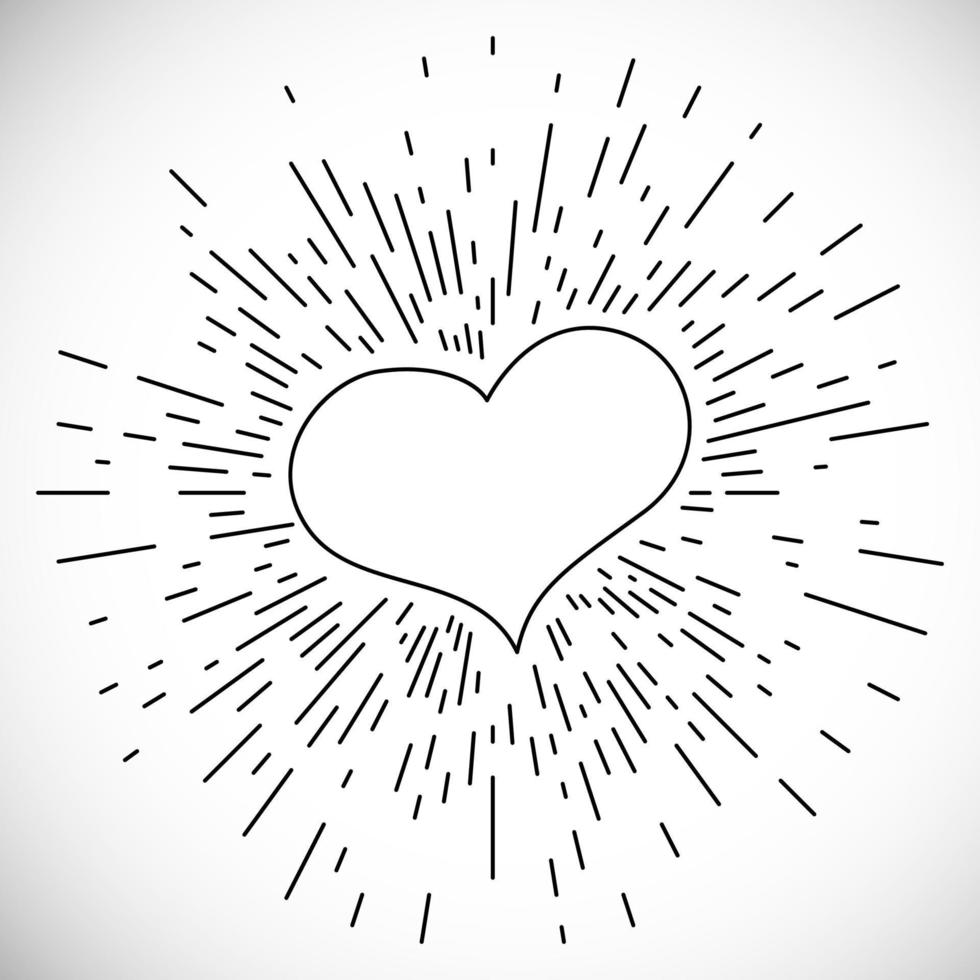 Heart with Hand Drawn Vintage Bursting Rays. Retro Design Element. Vector illustration