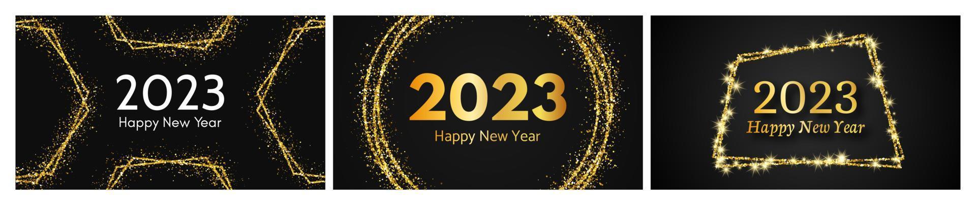 2023 Happy New Year gold background. Set of three abstract gold backdrops with a inscription Happy New Year on dark for Christmas holiday greeting card, flyers or posters. Vector illustration
