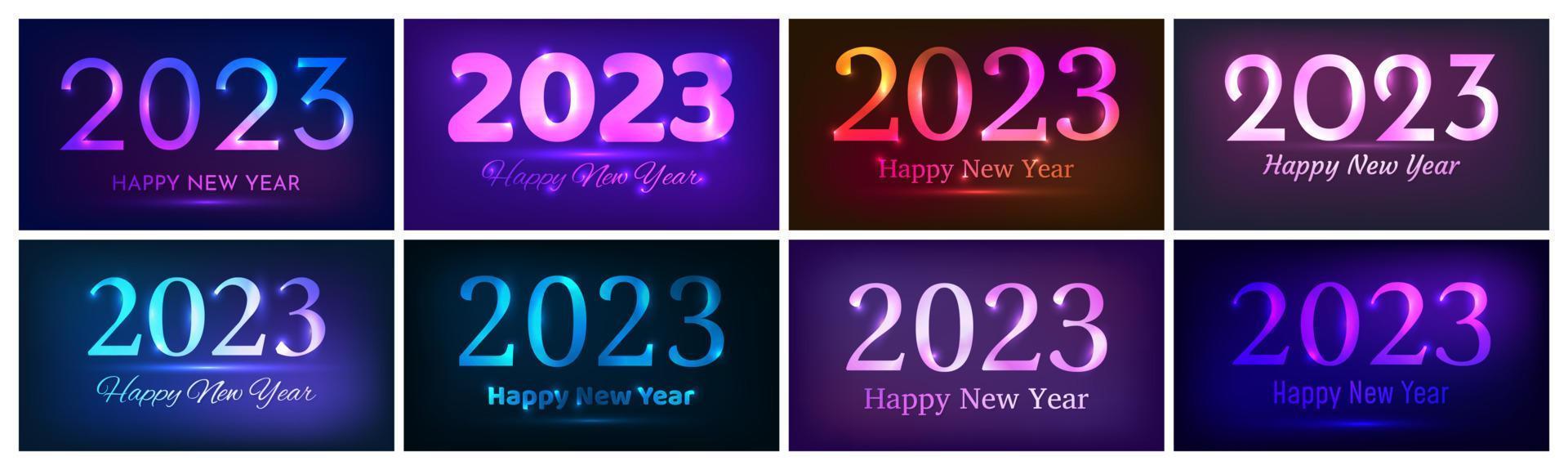 2023 Happy New Year neon background. Set of abstract neon backdrops with lights for Christmas holiday greeting card, flyers or posters. Vector illustration