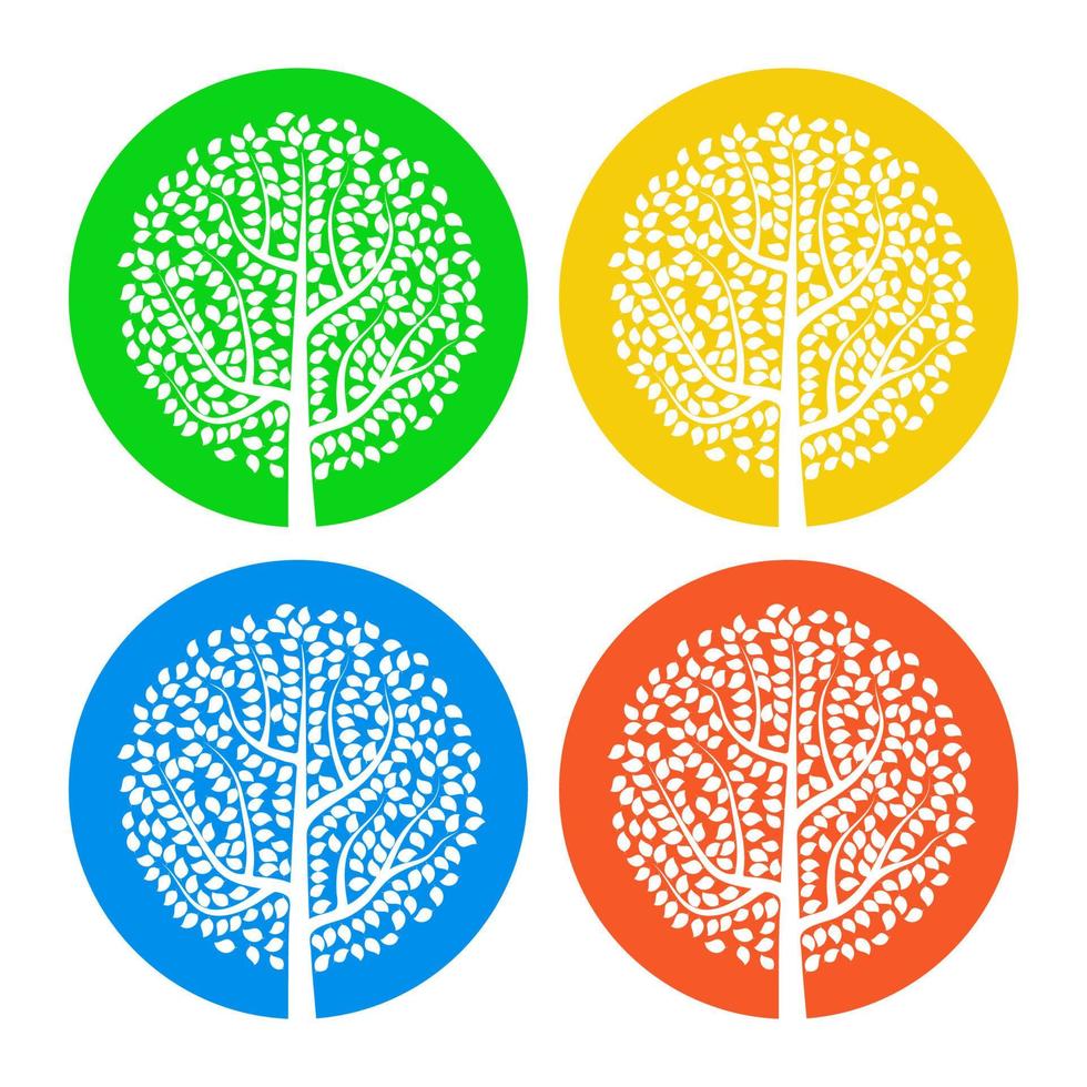 Set of four white trees with leaves on colorful round background. Vector illustration