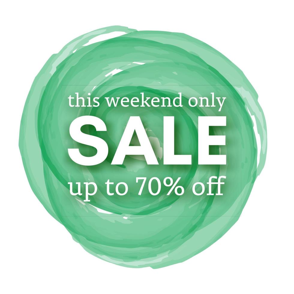 Sale this weekend only up to 70 off sign with shadow over red watercolor spot. Vector illustration.