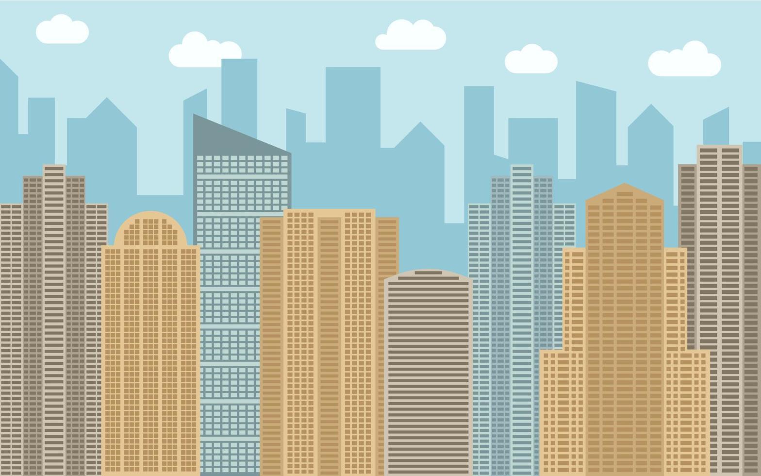 Vector urban landscape illustration. Street view with cityscape, skyscrapers and modern buildings at sunny day. City space in flat style background concept.