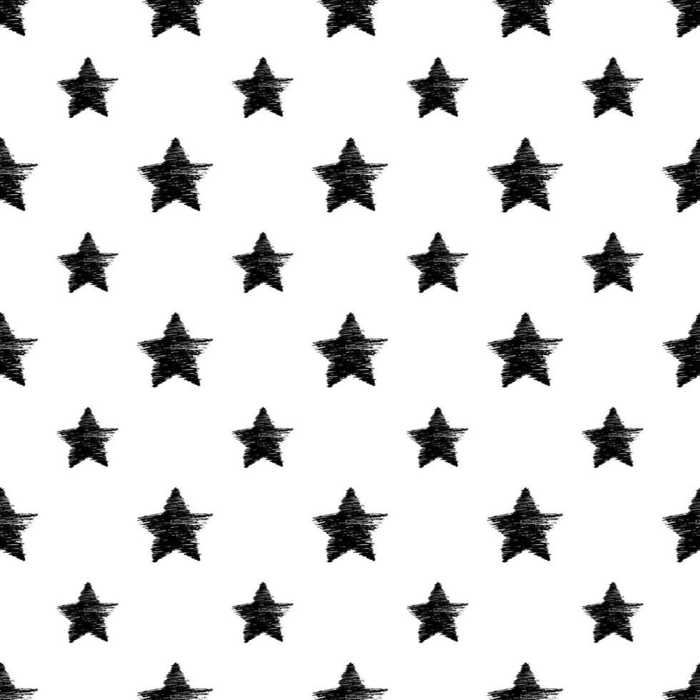 Seamless Pattern with hand drawn black Stars on white background. Abstract grunge texture. Vector illustration