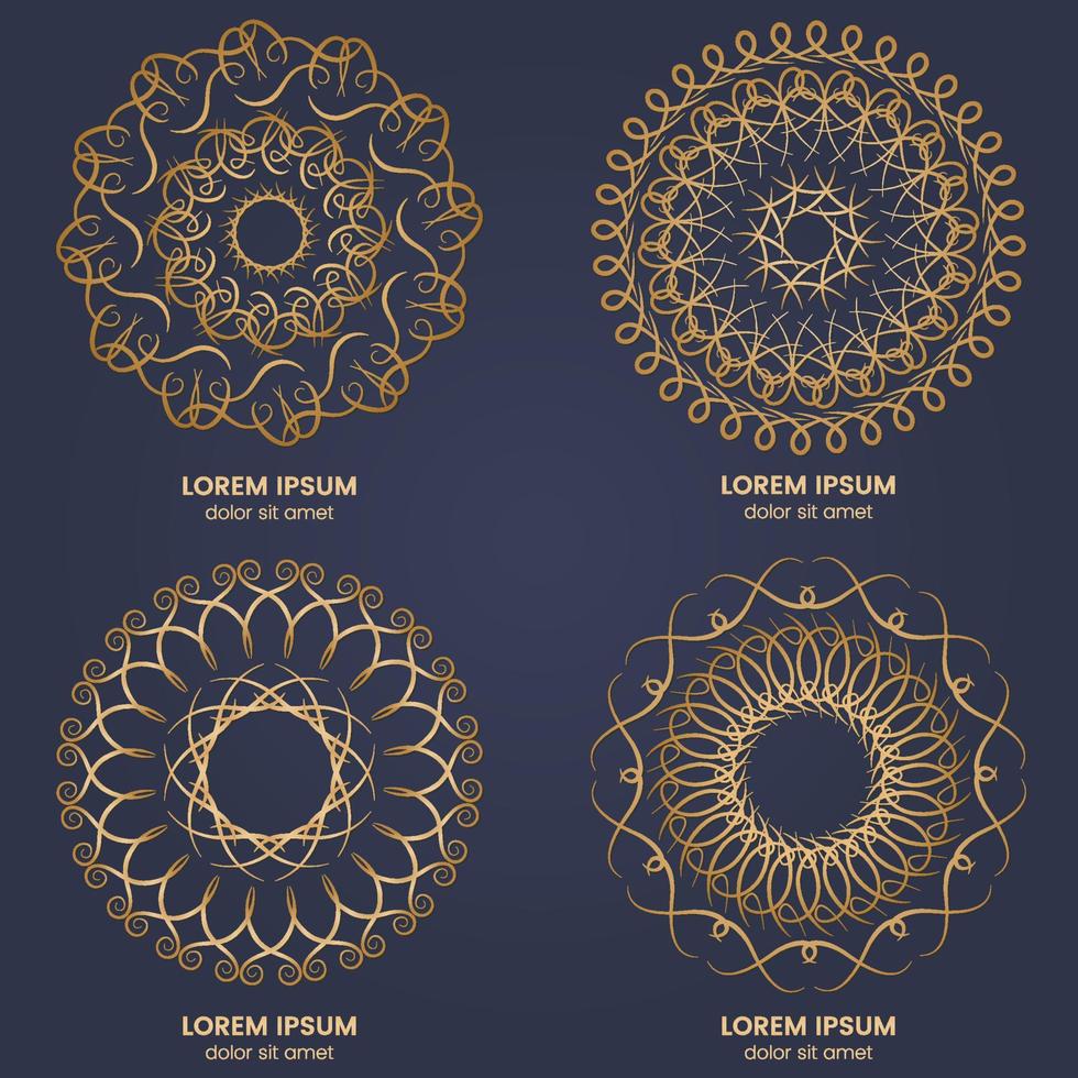 conjunto de cuatro elementos circulares geométricos antiguos. monograma de oro vectorial sobre fondo azul oscuro. ilustración vectorial vector