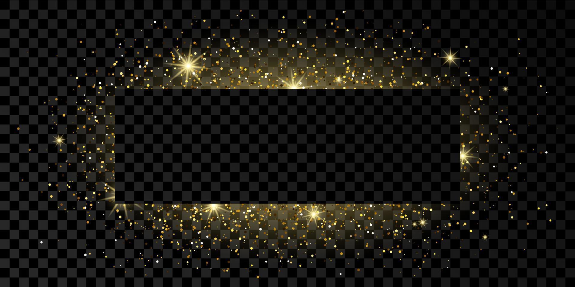 marco de rectángulo dorado con brillo, destellos y bengalas sobre fondo transparente oscuro. telón de fondo de lujo vacío. ilustración vectorial vector