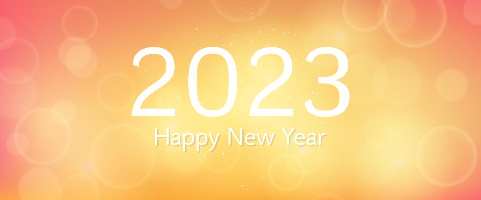 Happy new year 2023 incription on blurred background. White numbers on backdrop with confetti, bokeh and lens flare. Vector illustration