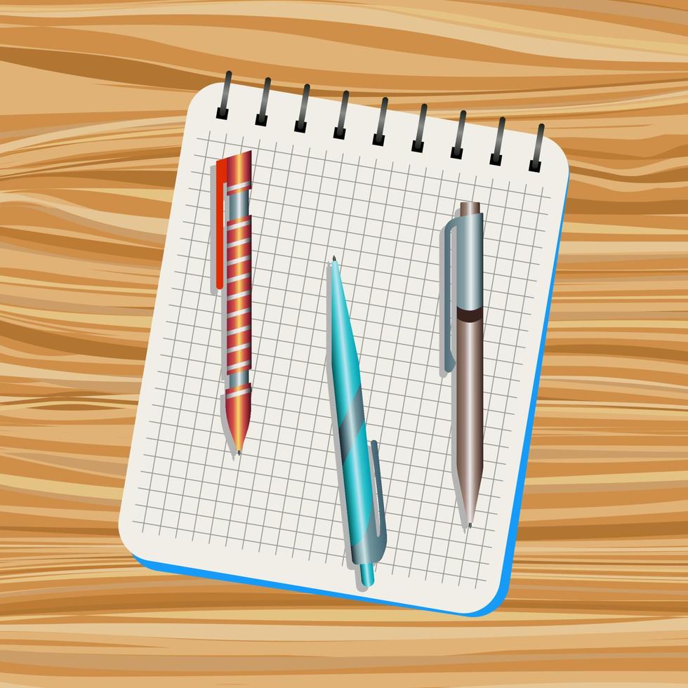 Notebook, orange pen, blue pen and brown pen on a wooden table vector