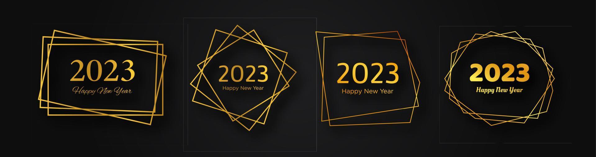 Set of 2023 Happy New Year gold geometric polygonal backgrounds. Gold geometric polygonal frame with shining effects for Christmas holiday greeting card, flyers or posters. Vector illustration